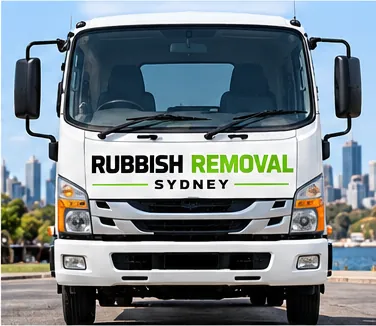 Front of the Rubbish Removal Sydney truck with Sydney skyline behind